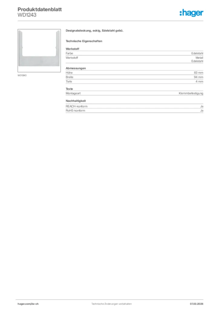 Bild Hager Produktdatenblatt WD1243 | Hager Schweiz