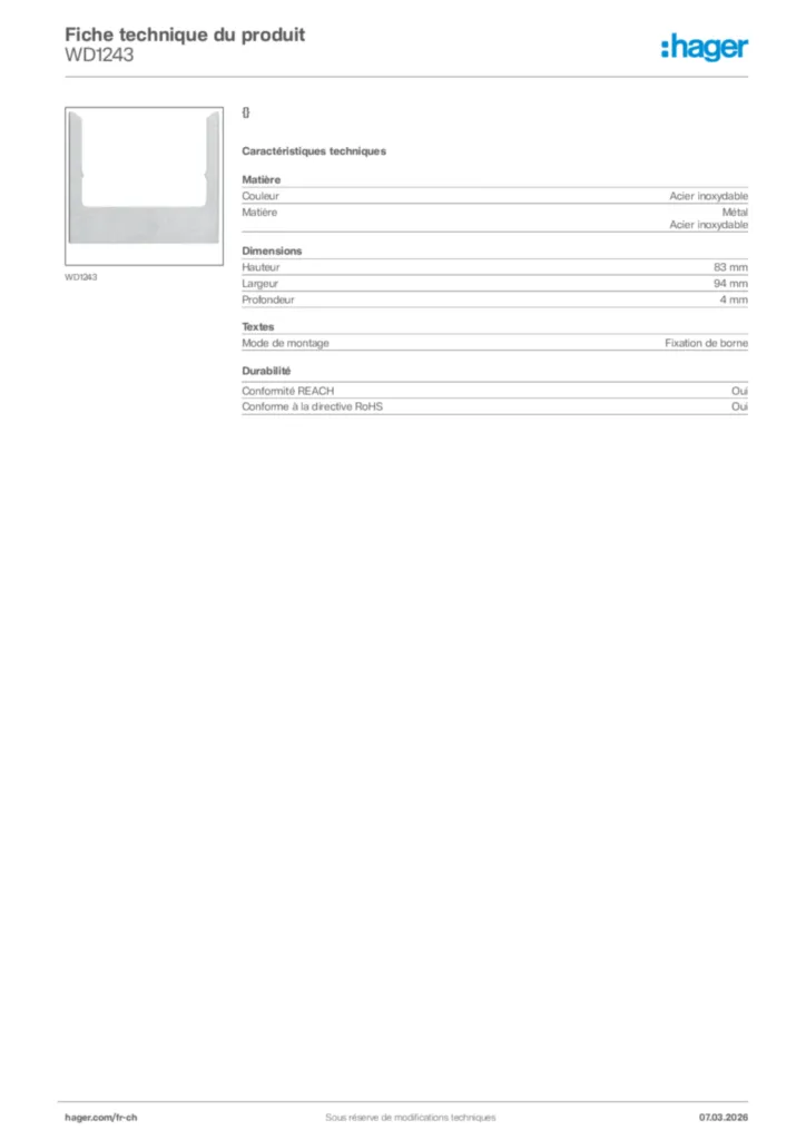 Image Hager Fiche technique du produit WD1243 | Hager Suisse