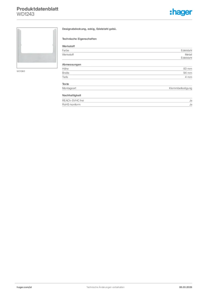 Bild Hager Produktdatenblatt WD1243 | Hager Deutschland
