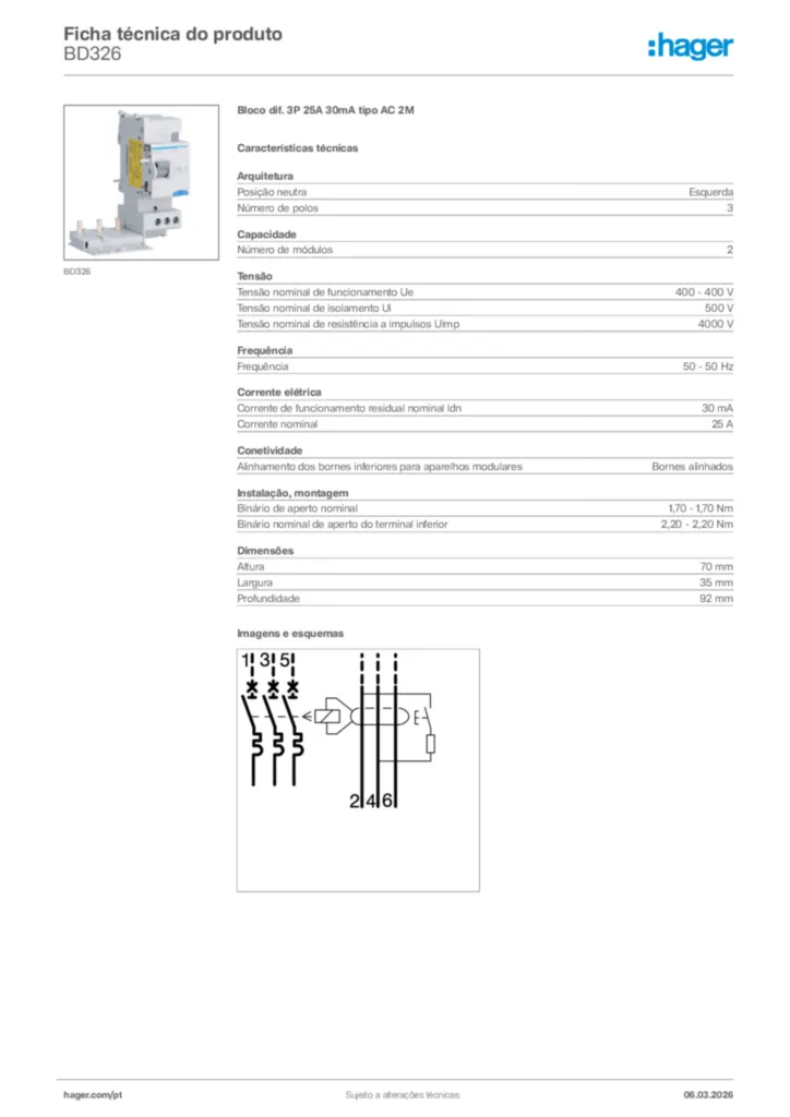 Imagem Hager Ficha técnica do produto BD326 | Hager Portugal
