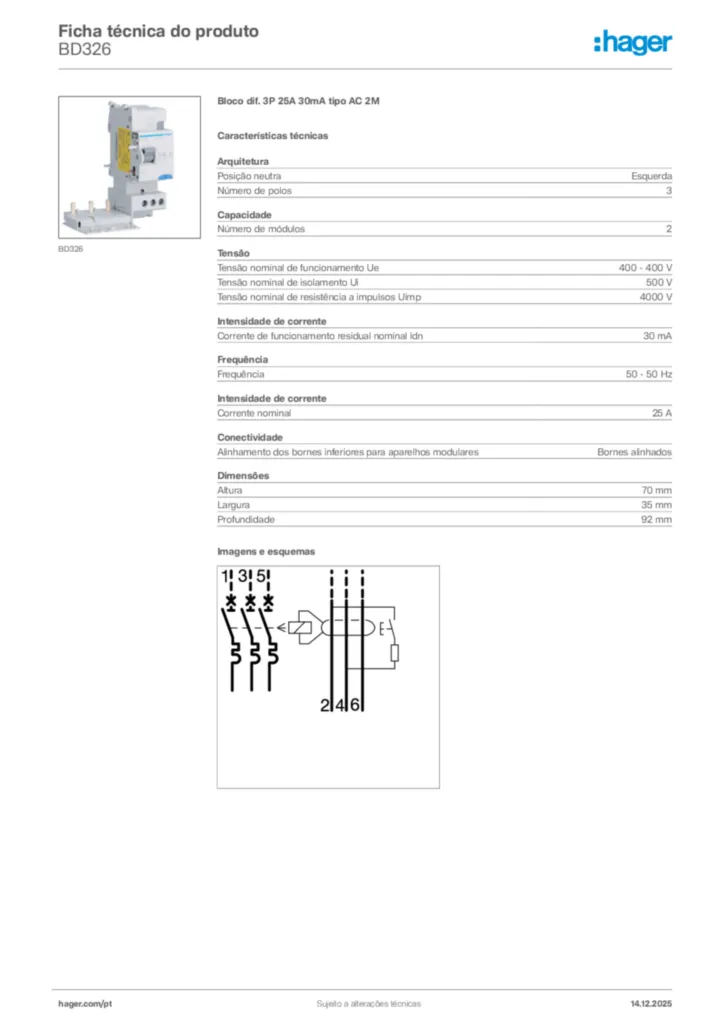 Imagem Hager Ficha técnica do produto BD326 | Hager Portugal
