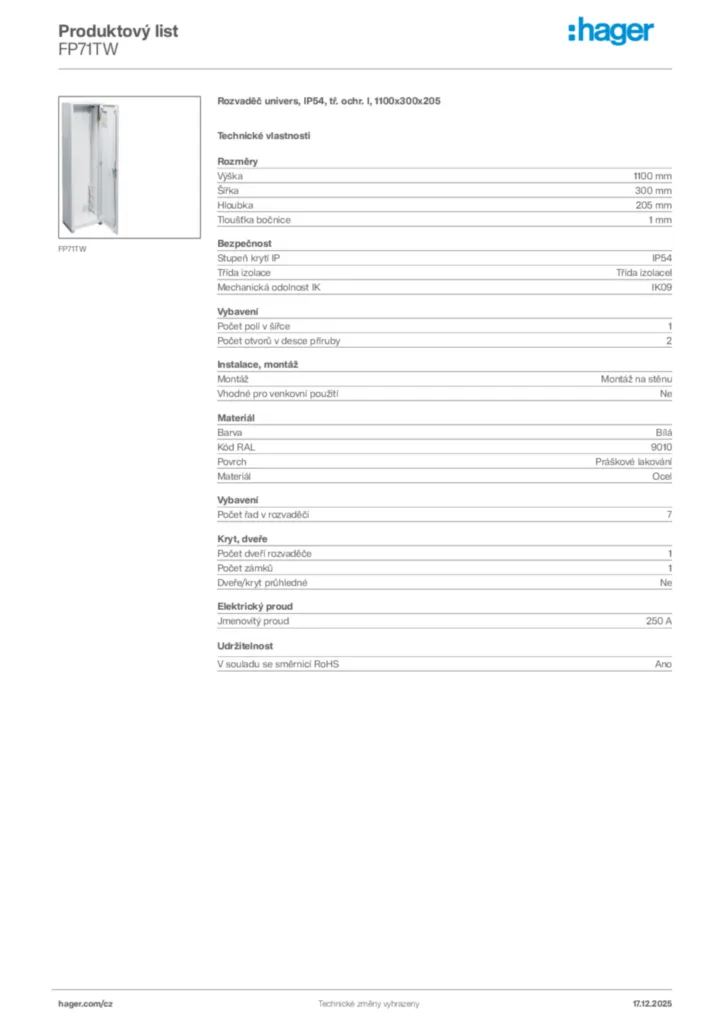 Obrázek Hager Produktový list FP71TW | Hager