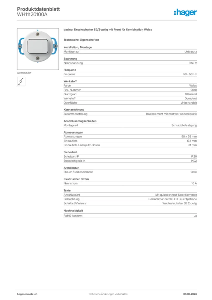 Bild Hager Produktdatenblatt WH11120100A | Hager Schweiz