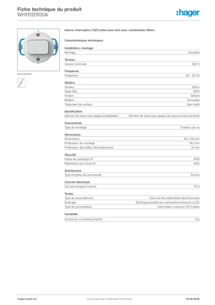 Image Hager Fiche technique du produit WH11120100A | Hager Suisse