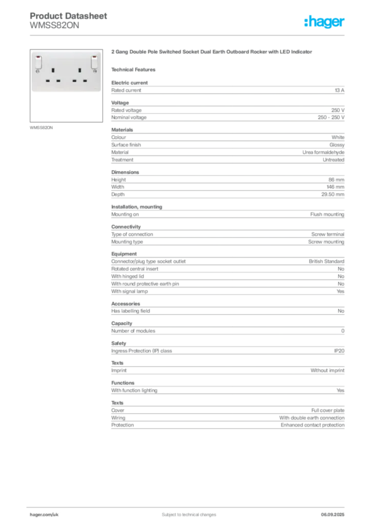 Image Hager Product data sheet WMSS82ON  | Hager