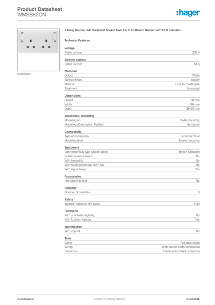 Image Hager Product data sheet WMSS82ON  | Hager