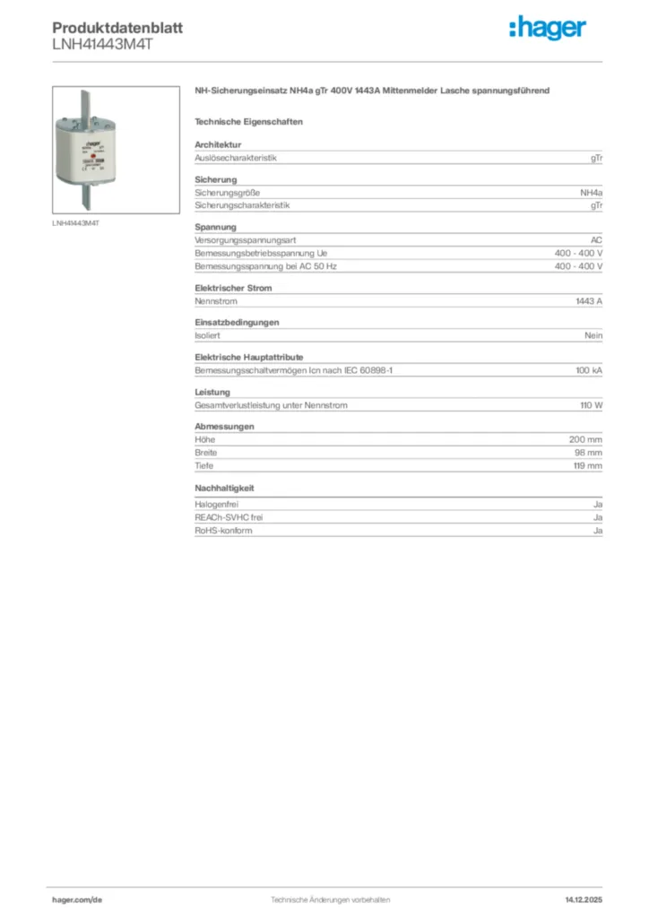 Bild Hager Produktdatenblatt LNH41443M4T | Hager Deutschland