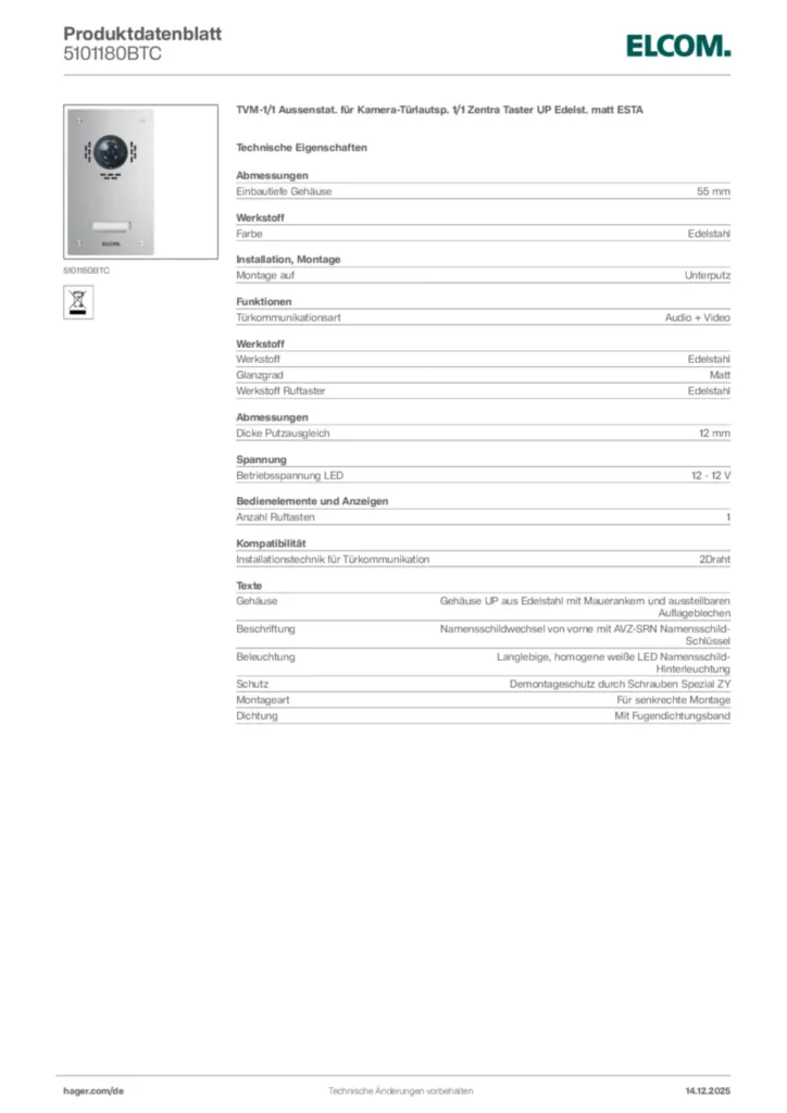 Bild Elcom Produktdatenblatt 5101180BTC | Hager Deutschland