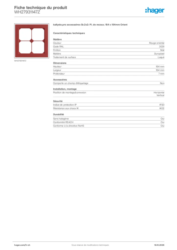 Image Hager Fiche technique du produit WH27931147Z | Hager Suisse