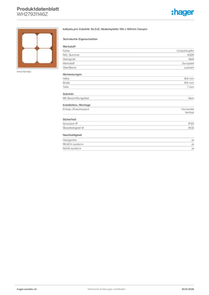 Bild Hager Produktdatenblatt WH27931146Z | Hager Schweiz