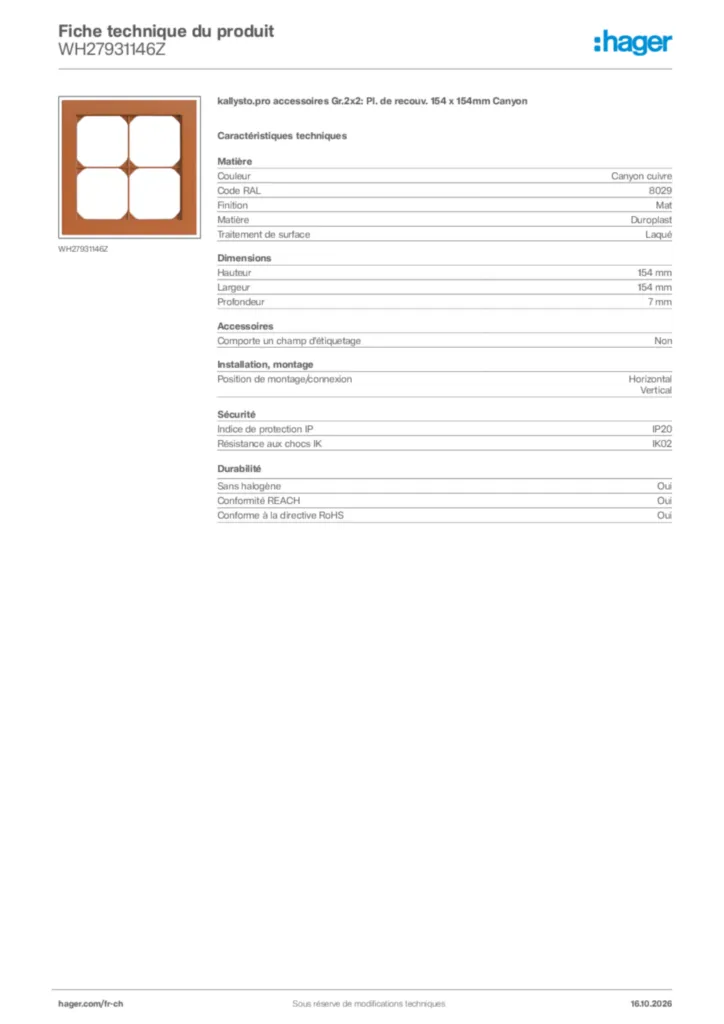 Image Hager Fiche technique du produit WH27931146Z | Hager Suisse
