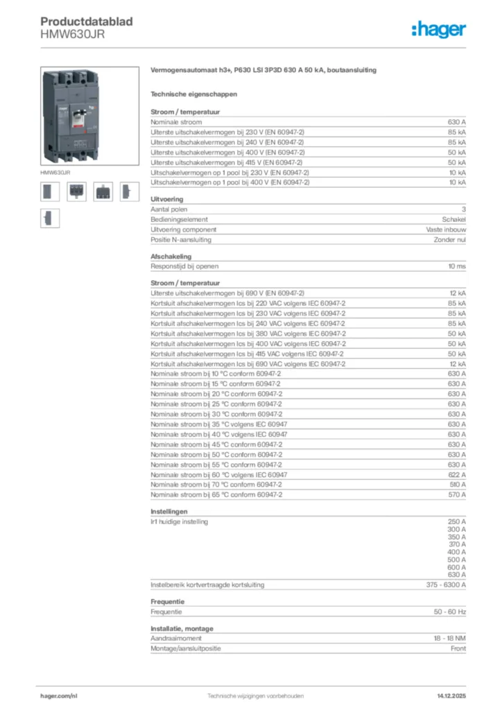 Afbeelding Hager Productdatablad HMW630JR | Hager Nederland