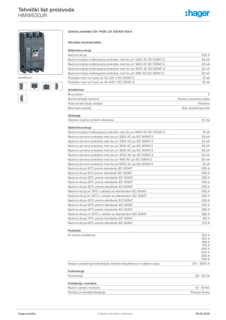 Slika Hager Tehnički list proizvoda HMW630JR  | Hager