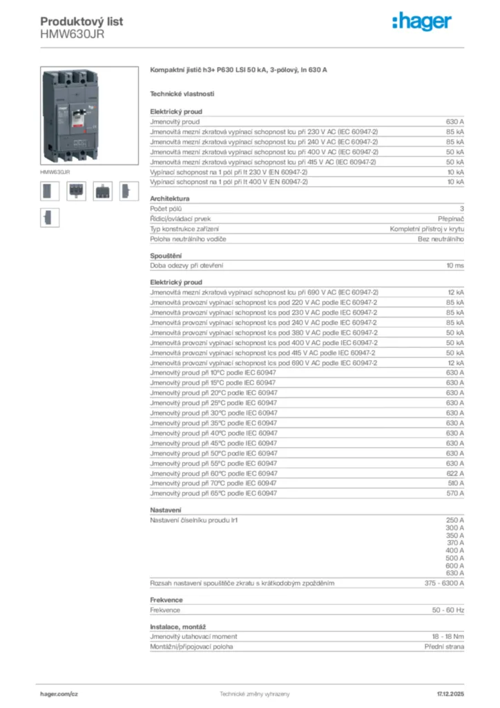 Obrázek Hager Produktový list HMW630JR | Hager