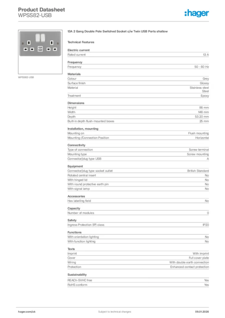 Image Hager Product data sheet WPSS82-USB  | Hager