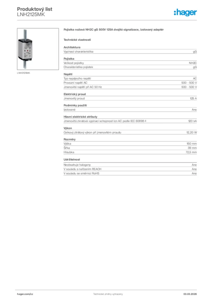 Obrázek Hager Product data sheet LNH2125MK | Hager