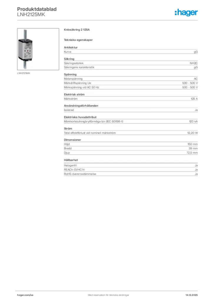 Bild Hager Produktdatablad LNH2125MK | Hager Sverige