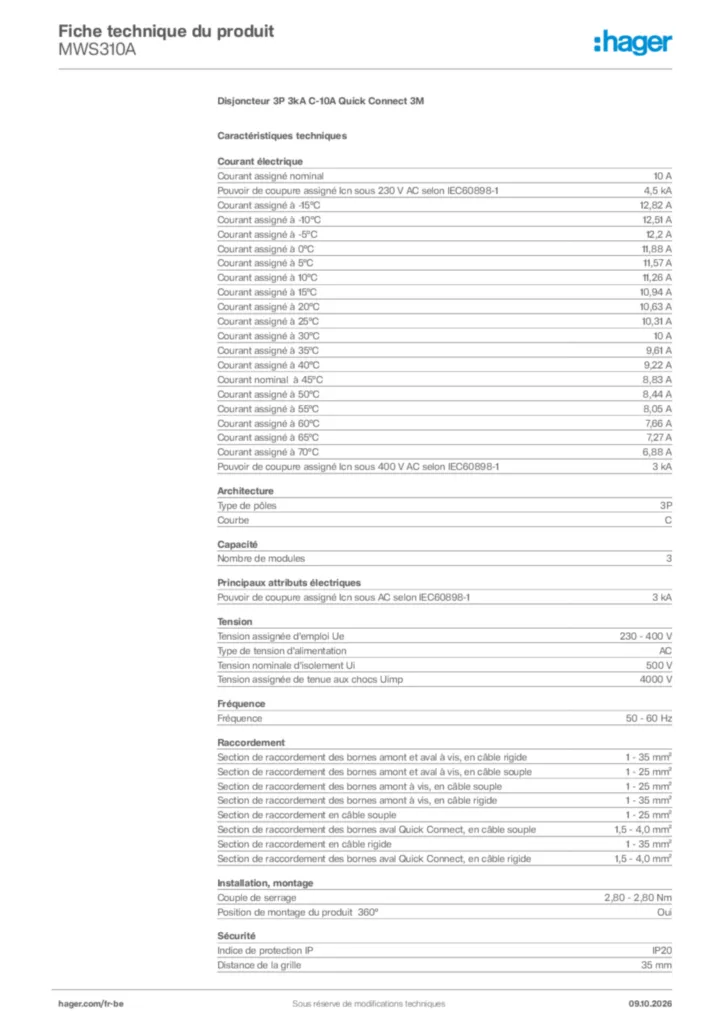 Image Hager Fiche technique du produit MWS310A | Hager Belgique