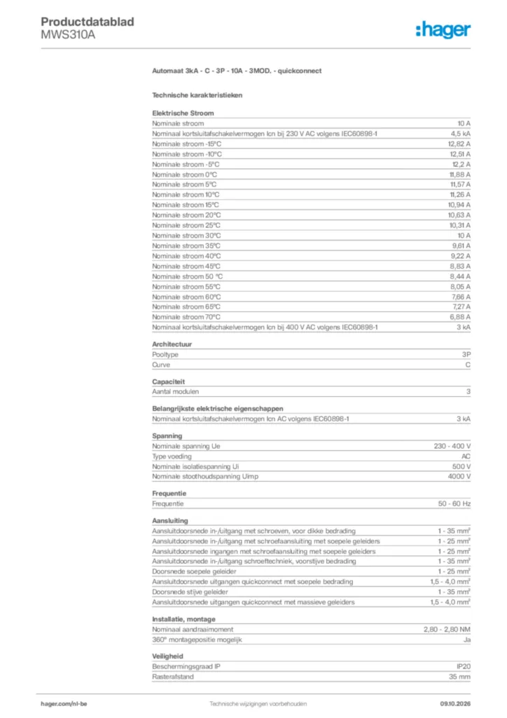Afbeelding Hager Productdatablad MWS310A | Hager Belgium