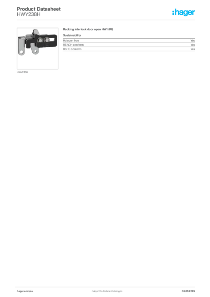 Image Hager Product data sheet HWY238H  | Hager Australia