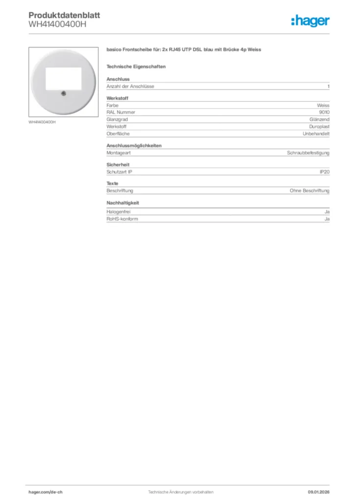 Bild Hager Produktdatenblatt WH41400400H | Hager Schweiz