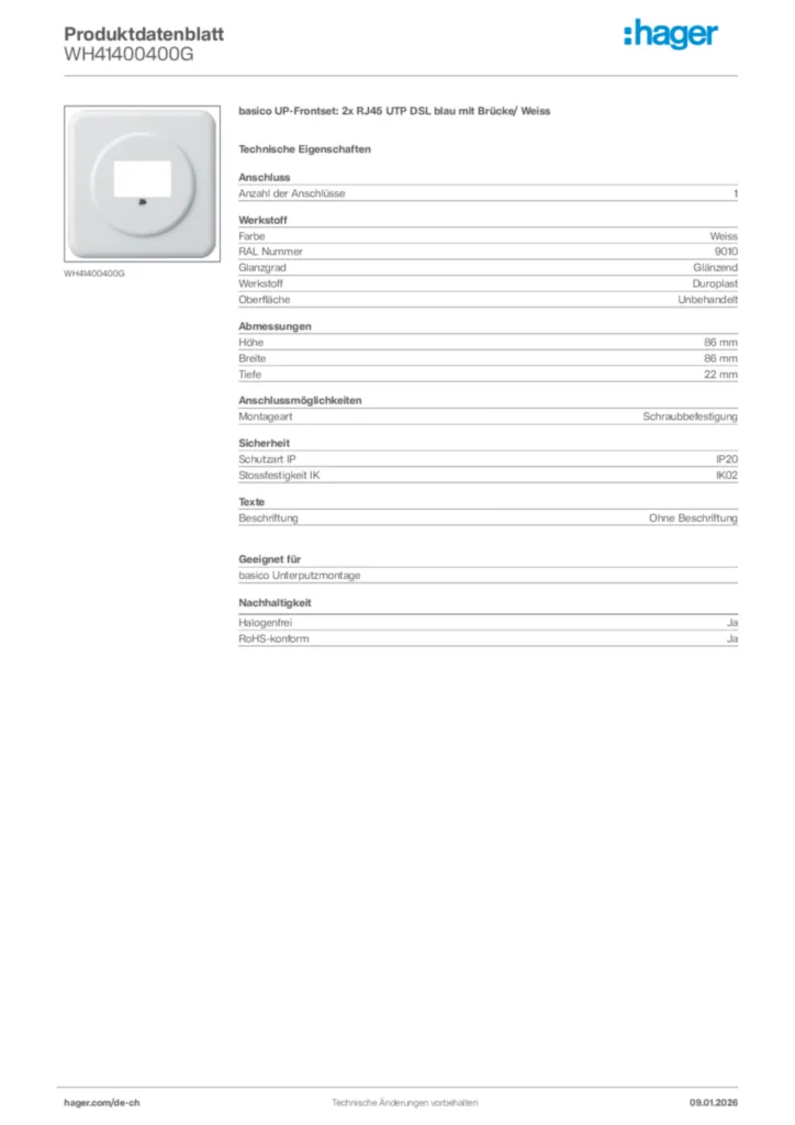Bild Hager Produktdatenblatt WH41400400G | Hager Schweiz