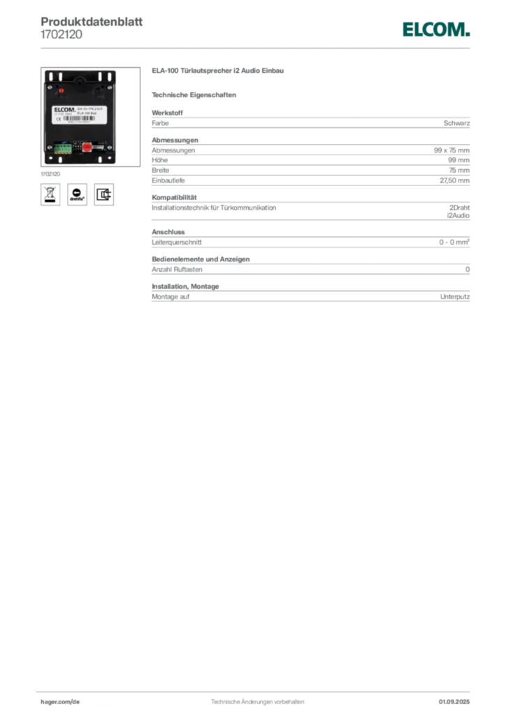 Bild Elcom Produktdatenblatt 1702120 | Hager Deutschland