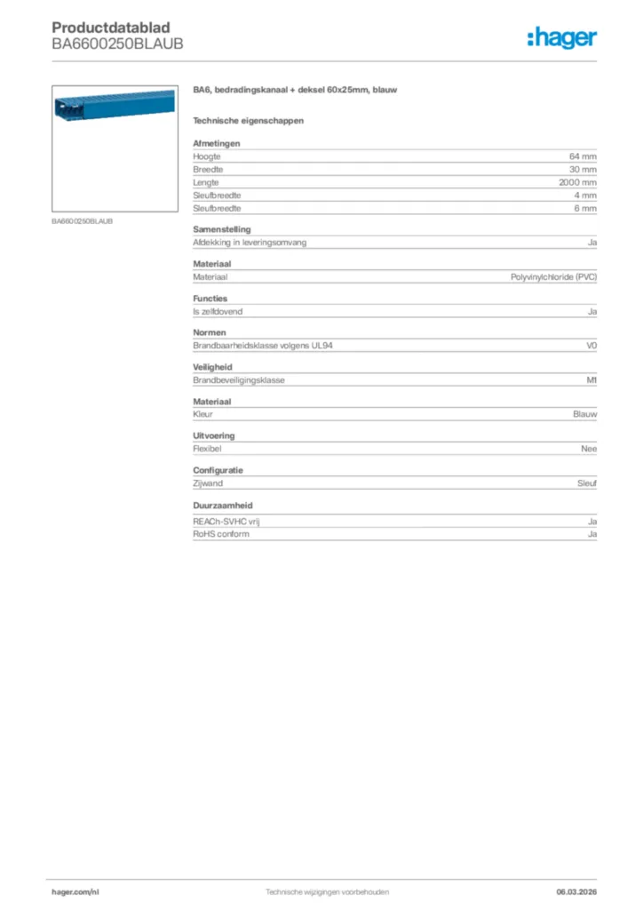 Afbeelding Hager Productdatablad BA6600250BLAUB | Hager Nederland