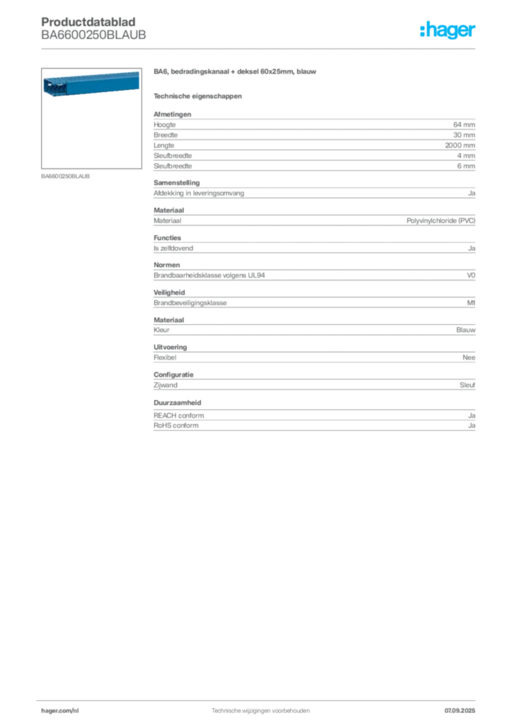 Afbeelding Hager Productdatablad BA6600250BLAUB | Hager Nederland