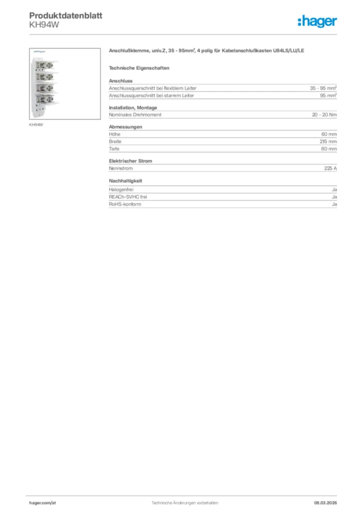 Bild Hager Produktdatenblatt KH94W | Hager Deutschland