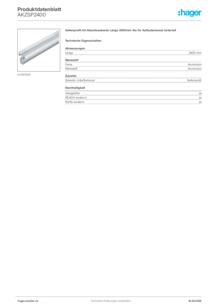 Bild Hager Produktdatenblatt AKZSP2400 | Hager Schweiz