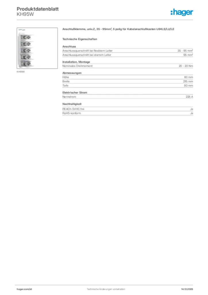 Bild Hager Produktdatenblatt KH95W | Hager Deutschland