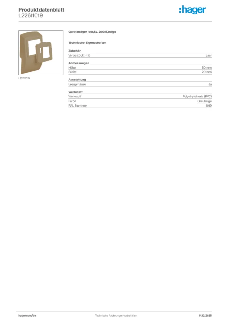 Bild Hager Produktdatenblatt L22611019 | Hager Deutschland