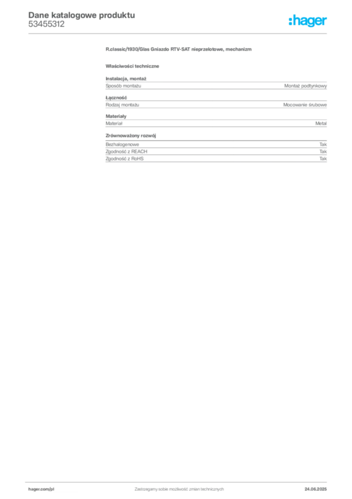 Zdjęcie Hager Karta katalogowa 53455312 | Hager Polska