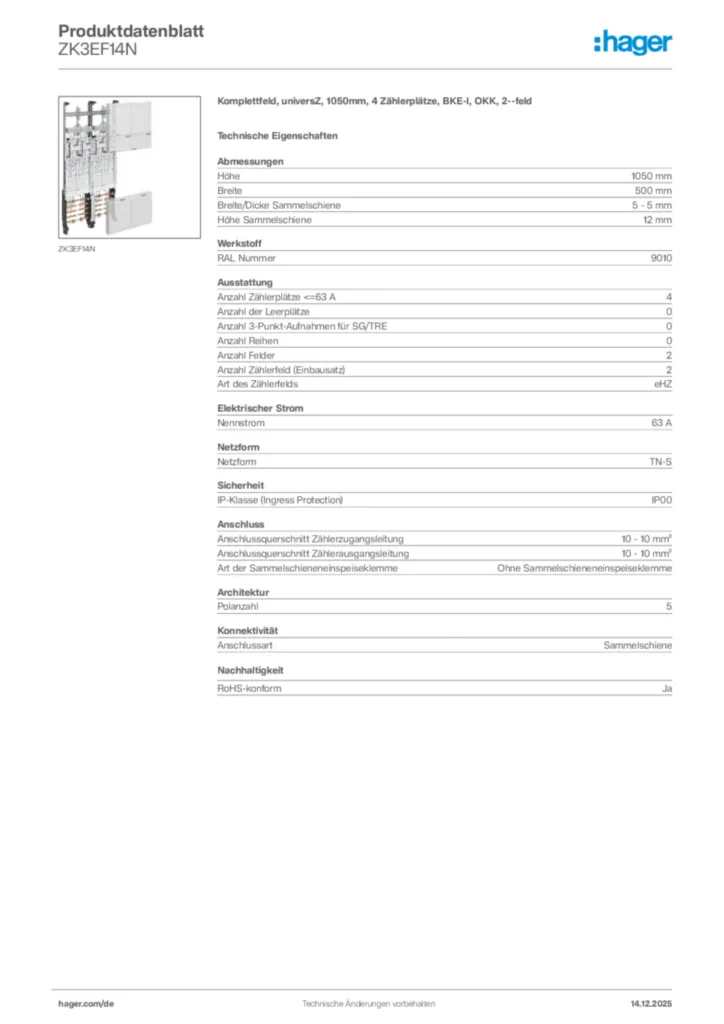 Bild Hager Produktdatenblatt ZK3EF14N | Hager Deutschland