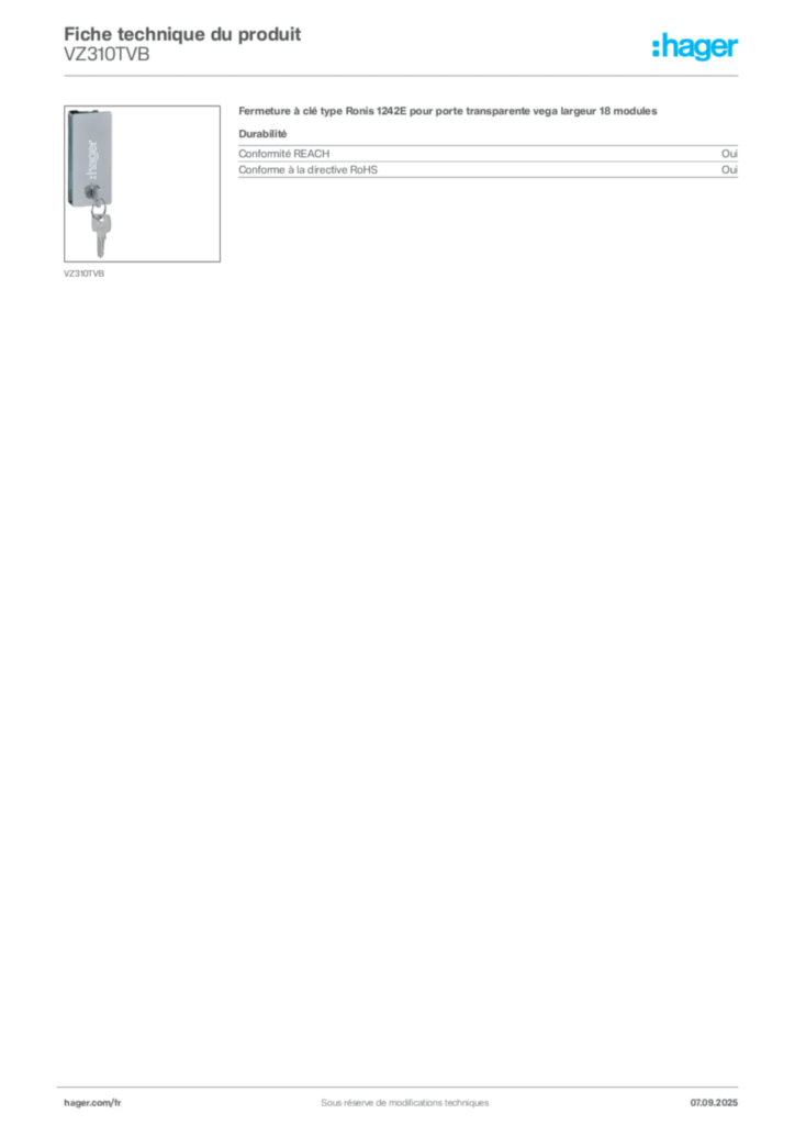 Image Hager Fiche technique du produit VZ310TVB | Hager France