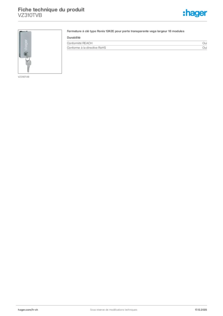Image Hager Fiche technique du produit VZ310TVB | Hager Suisse