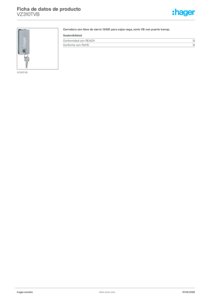 Imagen Hager Ficha de datos de producto VZ310TVB | Hager España