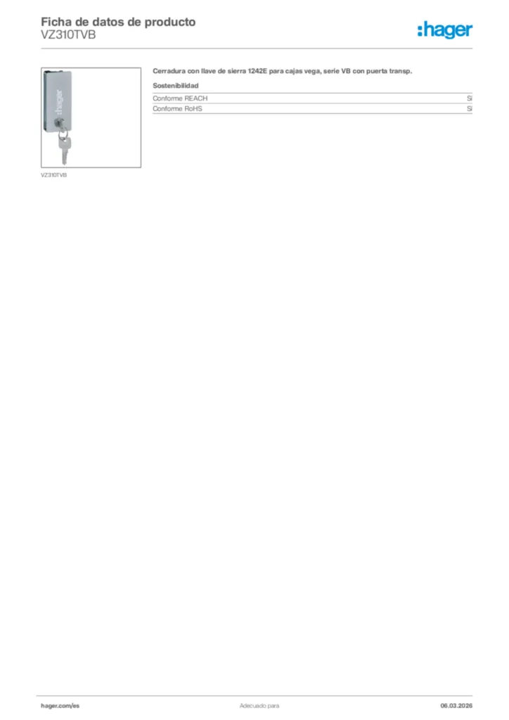 Imagen Hager Ficha de datos de producto VZ310TVB | Hager España