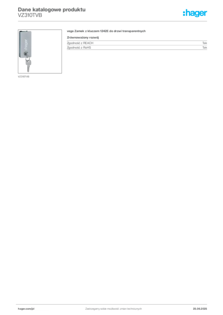 Zdjęcie Hager Karta katalogowa VZ310TVB | Hager Polska