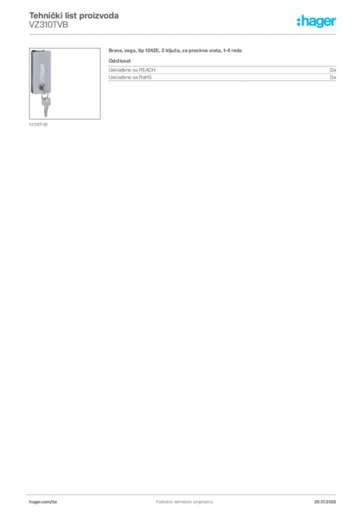 Slika Hager Product data sheet VZ310TVB  | Hager