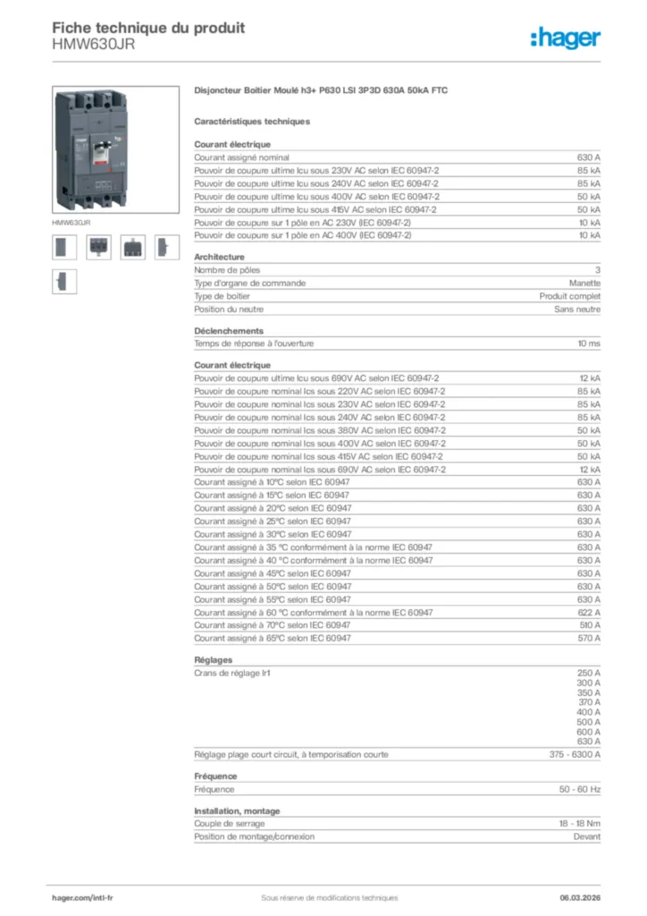 Image Hager Fiche technique du produit HMW630JR | Hager Afrique