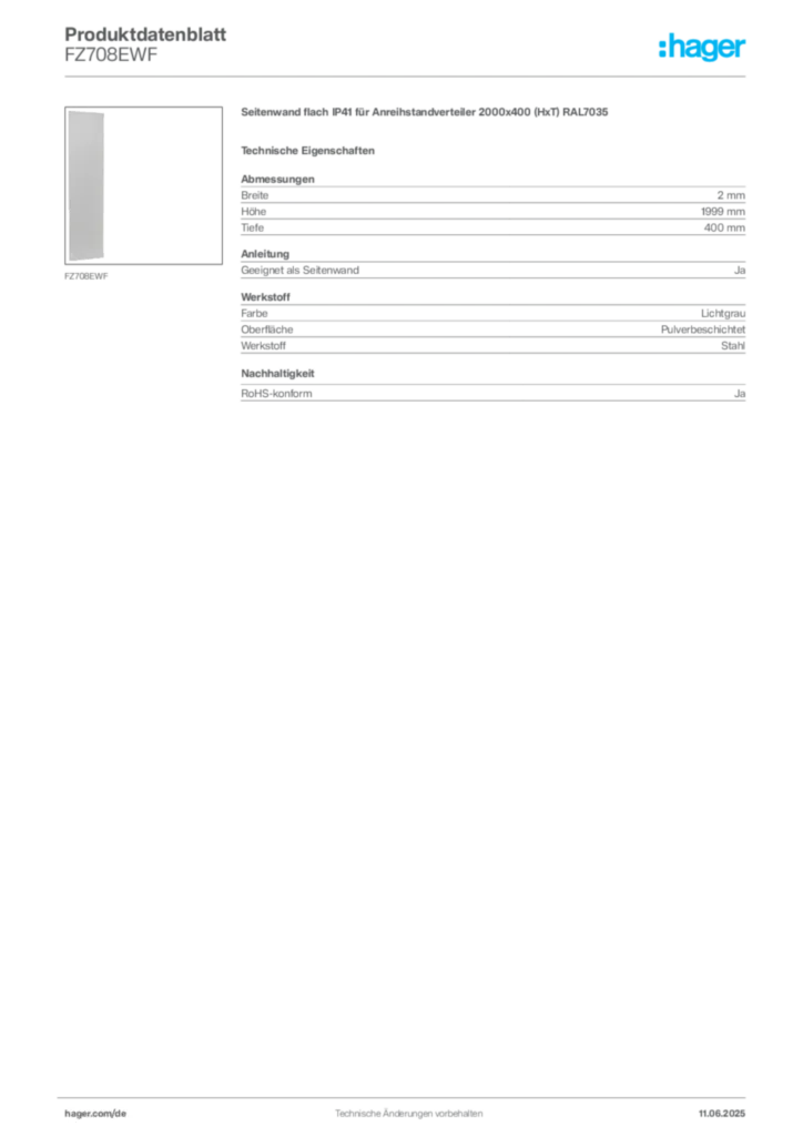 Bild Hager Produktdatenblatt FZ708EWF | Hager Deutschland