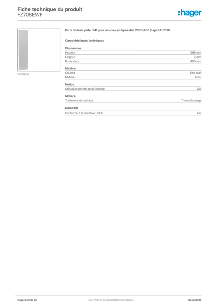 Image Hager Fiche technique du produit FZ708EWF | Hager Suisse