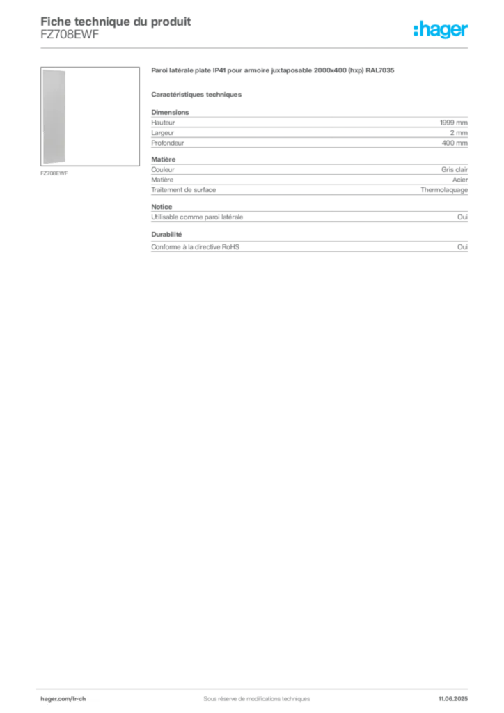 Image Hager Fiche technique du produit FZ708EWF | Hager Suisse