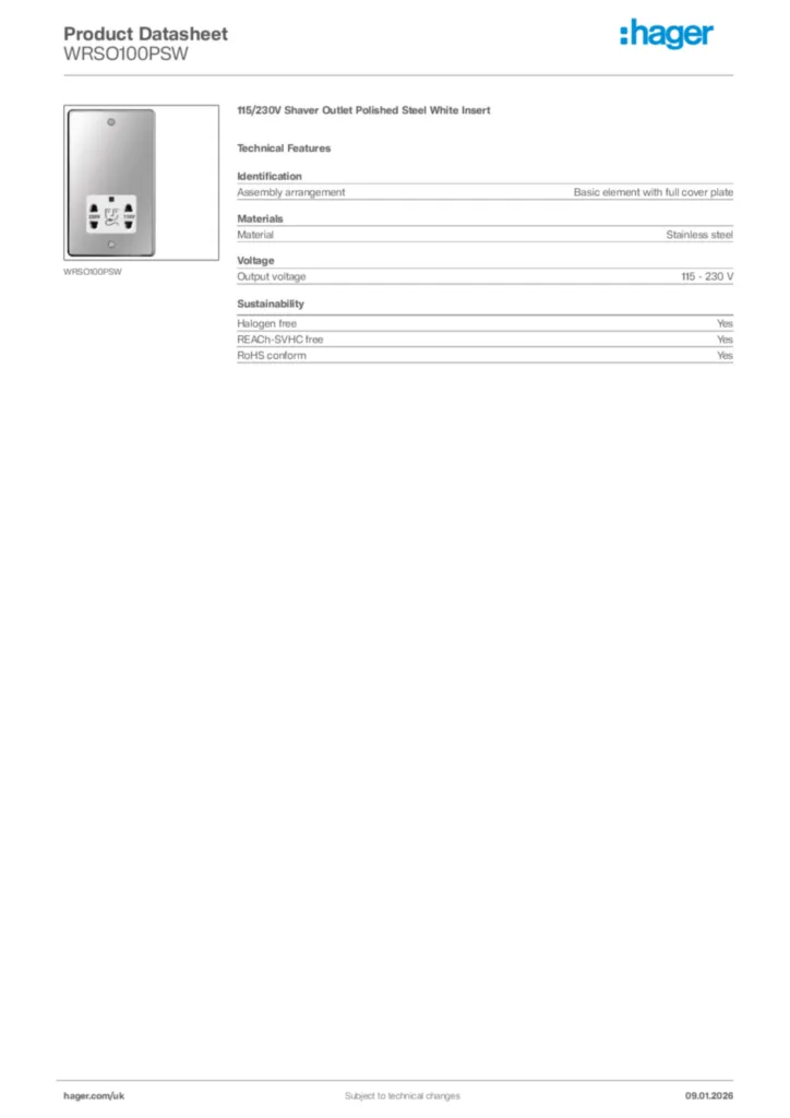 Image Hager Product data sheet WRSO100PSW  | Hager