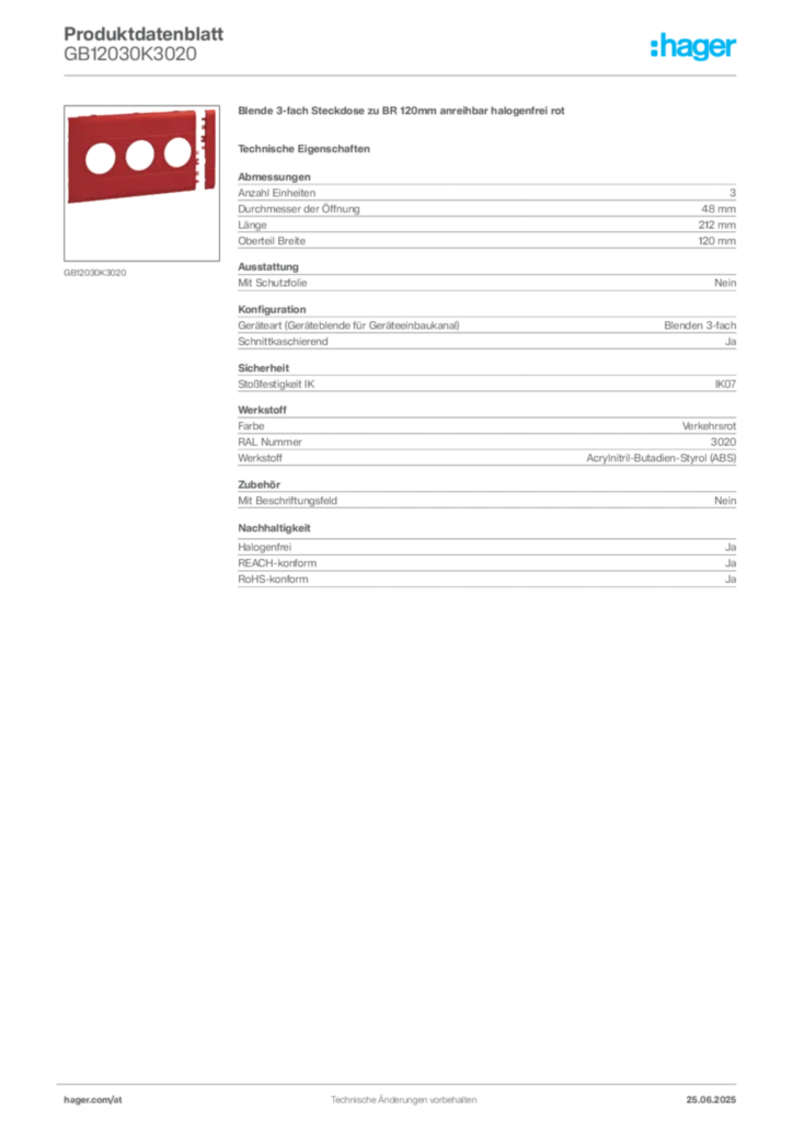 Bild Hager Produktdatenblatt GB12030K3020 | Hager Deutschland