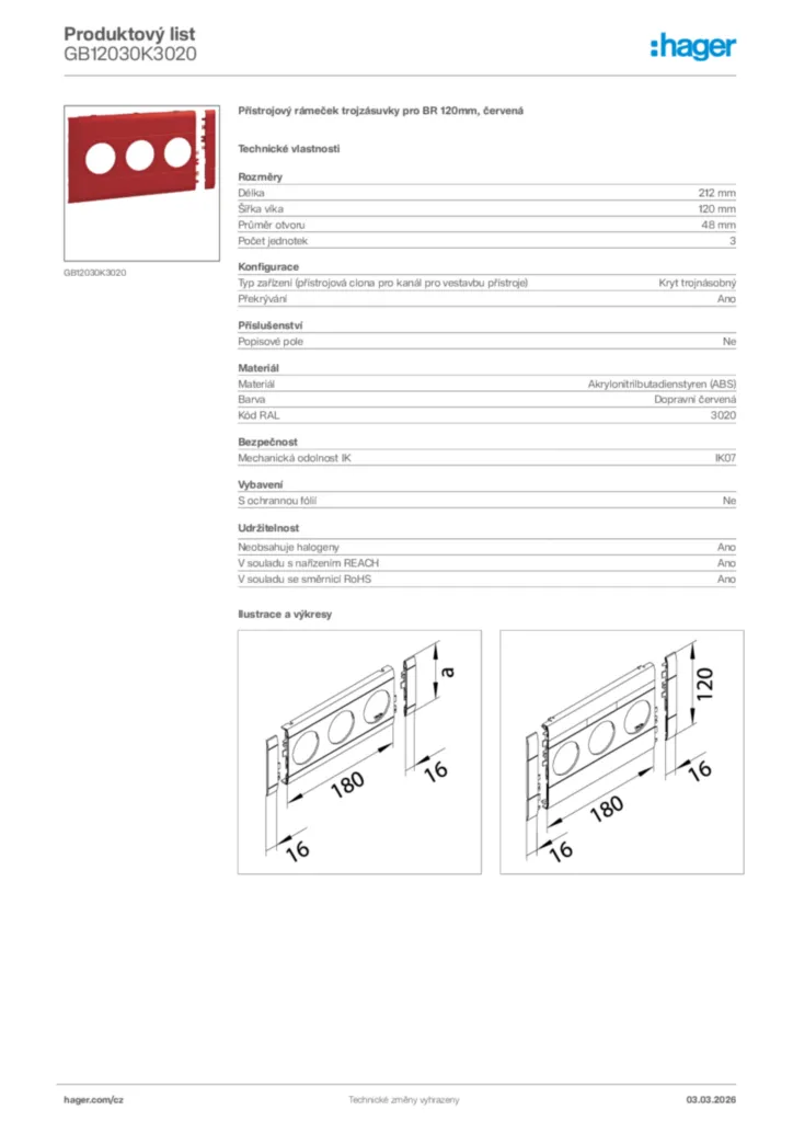 Obrázek Hager Product data sheet GB12030K3020 | Hager