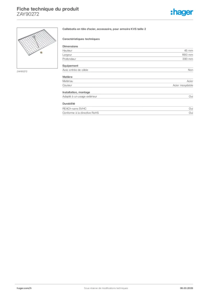 Image Hager Fiche technique du produit ZAY90272 | Hager France