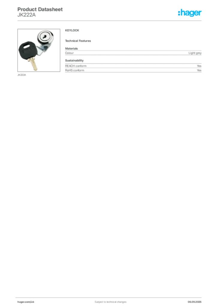 Image Hager Product data sheet JK222A  | Hager
